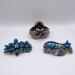 3 hair clips: Blue rhinestone jeweled 2” barrettes & white/silver pony-tail clip